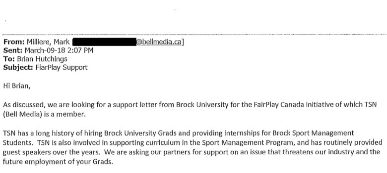 Bell request email, obtained under FIPPA from Brock University