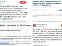 Bains step in the right direction, https://twitter.com/navdeepsbains/status/976939815403847680, https://www.canada.ca/en/innovation-science-economic-development/news/2018/12/minister-bains-comments-on-crtc-announcement-on-lower-cost-data-only-mobile-wireless-plans.html, https://www.canada.ca/en/innovation-science-economic-development/news/2017/12/minister_bains_commentsonbellcanadasintroductionofluckymobile.html, https://twitter.com/navdeepsbains/status/976939815403847680