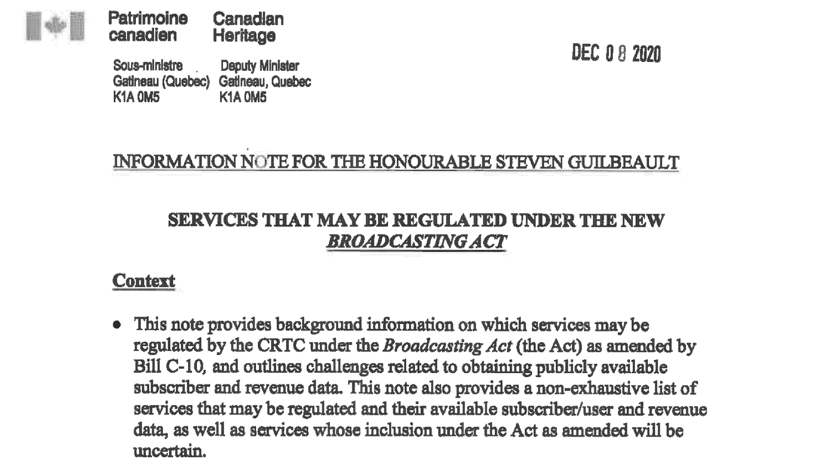 Canadian Heritage Memorandum, December 8, 2020, ATIP A-2020-00498