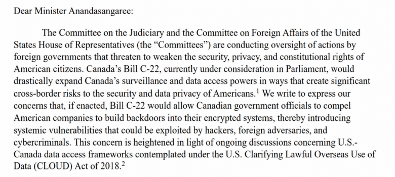U.S. Congressional Leaders Warn Canadian Lawful Access Plans Harm U.S. National Security and Economic Interests