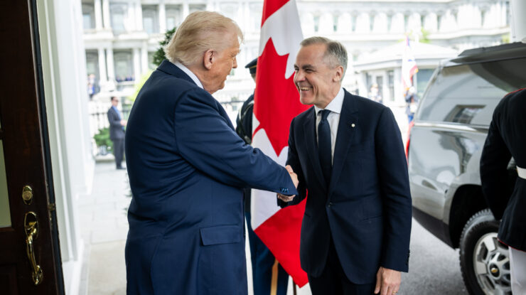 President Donald Trump greets Prime Minister of Canada Mark Carney, Tuesday, May 6, 2025, at the West Wing entrance of the White House. (Official White House Photo by Daniel Torok) The White House, Public domain, via Wikimedia Commons