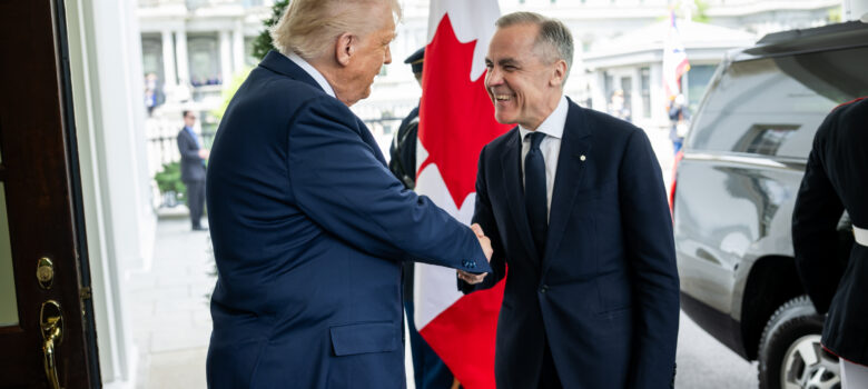 President Donald Trump greets Prime Minister of Canada Mark Carney, Tuesday, May 6, 2025, at the West Wing entrance of the White House. (Official White House Photo by Daniel Torok) The White House, Public domain, via Wikimedia Commons